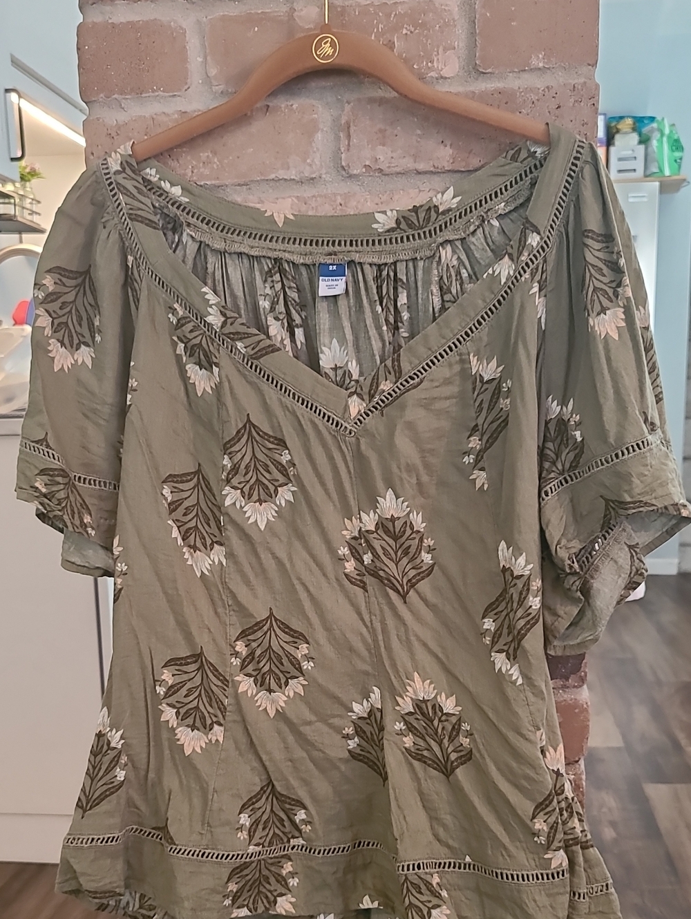Boho Floral Off-Shoulder Top - Olive Green